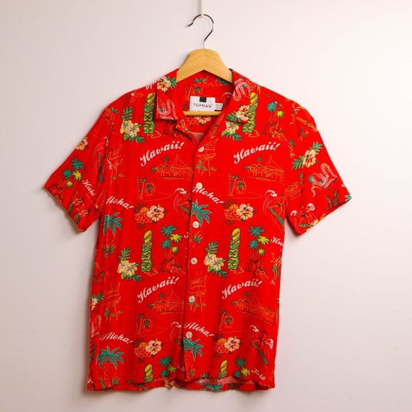 Topman Red Hawaiian Logo Button Up Short Sleeve Shirt - Picture 2 of 4